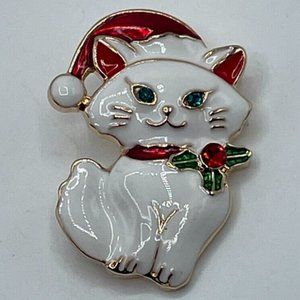 5/$20 Christmas Cat Brooch Holiday Cat Pin with Santa Hat & Rhinestones